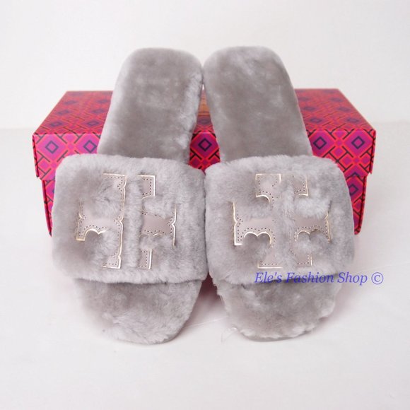 NIB Tory Burch Double T Shearling Slide Sandal GRAY HERON 6.5 7 7.5 8 AUTHENTIC - Picture 7 of 16